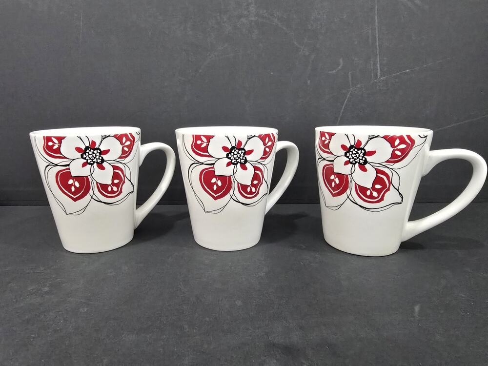 Rare Oneida BRIELLE 3 Cups/Mugs White Porcelain Red & Black Flower